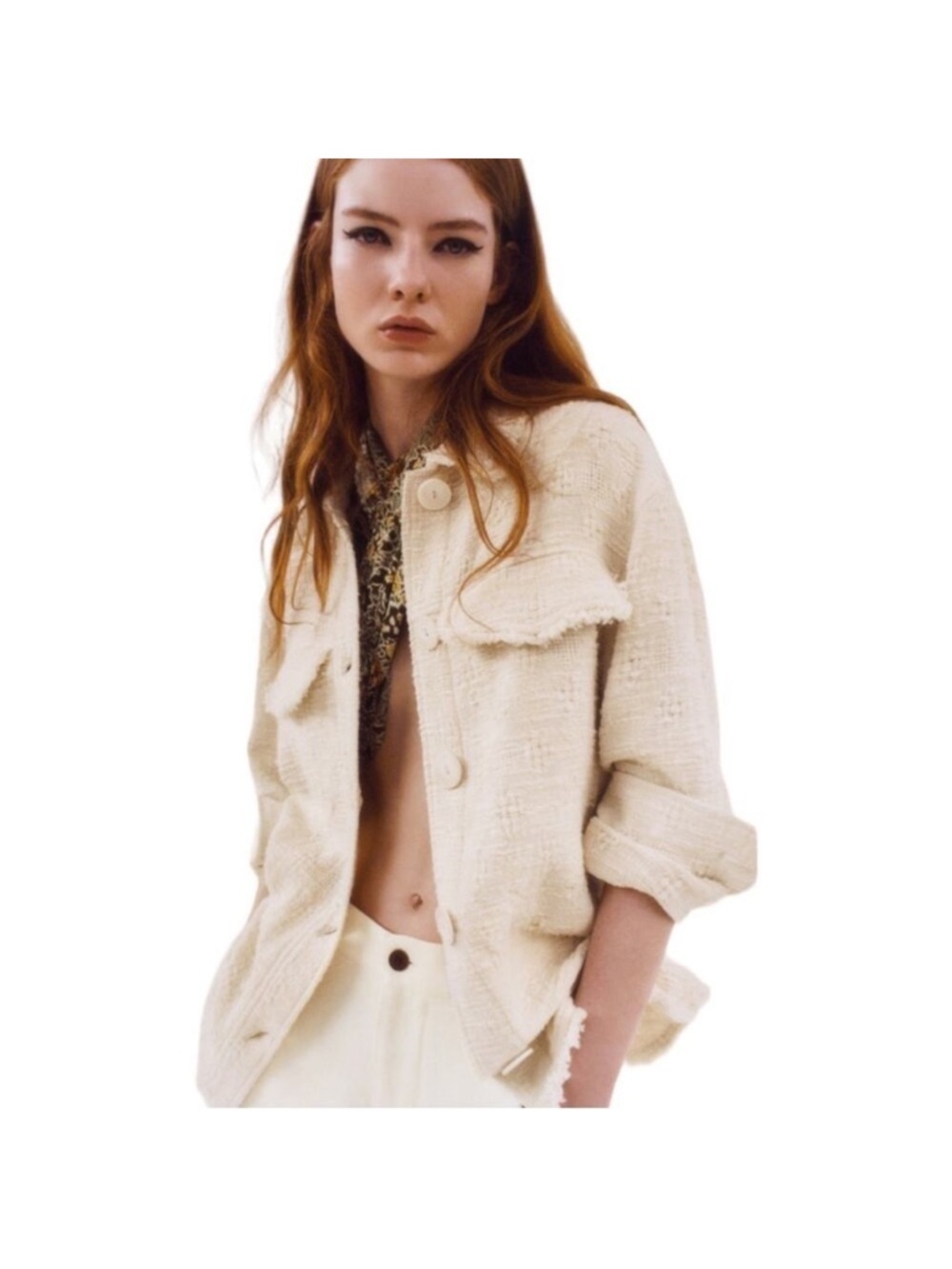 92% cotton Zara boho Cream Tweed/Linen blend button down shirt Jacket